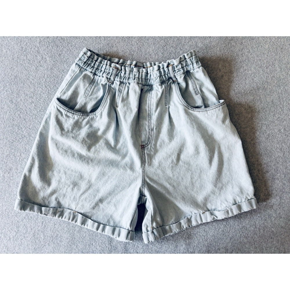 Vintage 80s Womens High Waist Paper Bag Acid Wash Denim Shorts Baggy Large